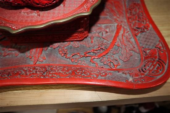 A Chinese cinnabar lacquer vase, a box and cover and a dish and other items Largest length 37cm